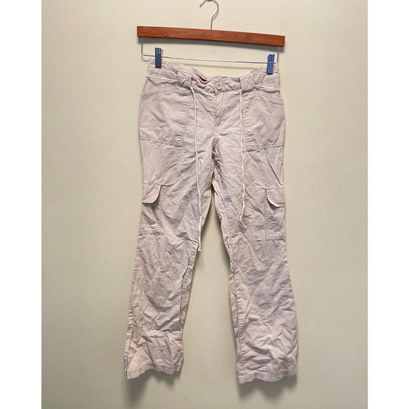 Vintage Juniors Cargo Pants Size 5 Beige Low Rise Flare Drawstring Grunge Y2K - Picture 1 of 7